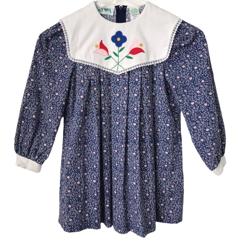 Vtg Alyssa Little Girls Bib Dress Floral Pattern Long Sleeves Dainty Cottagecore